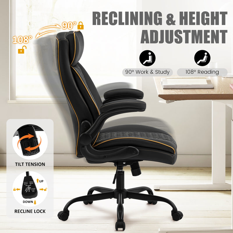 Furniliving Mid Century Modern Office Chair Leather Computer Desk Chair With Flip-Up Armrests