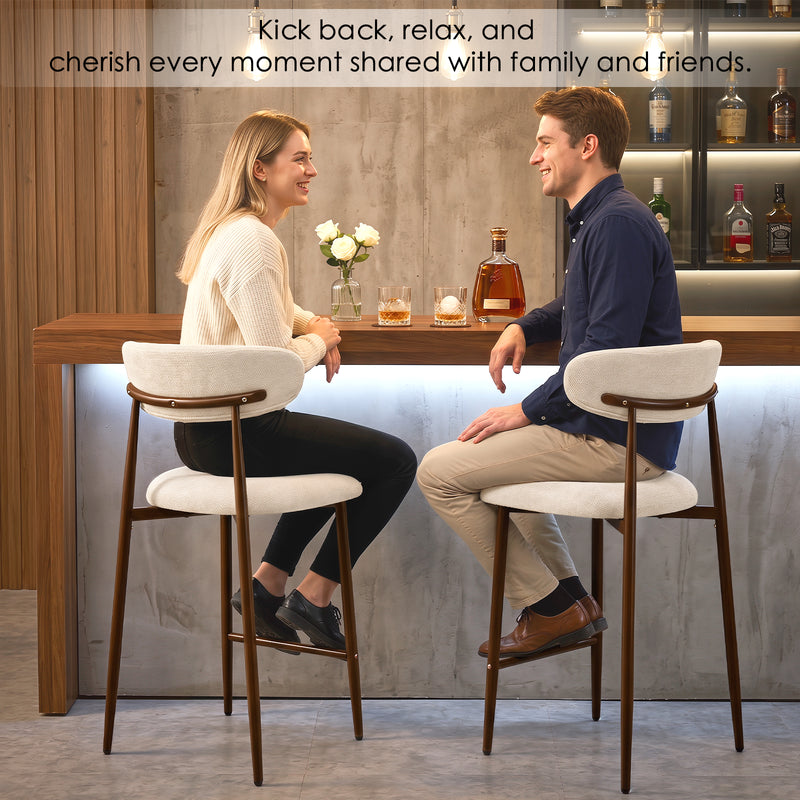 Upholstered Linen Bar Stools with Walnut Grain Metal Legs
