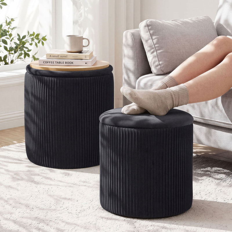 Velvet Storage Stool Set Of 2,Round Ottoman With Paint-Free Panels As a Small Table,Cute Foot Stool For Entryway