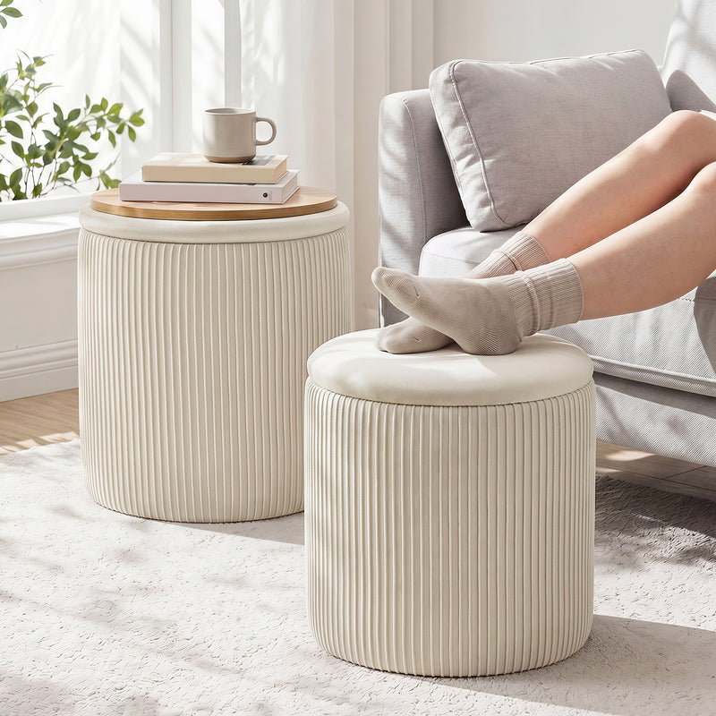 Round Velvet Storage Stool Set Of 2 with Wood Table Top Beige-7 | Furnimart