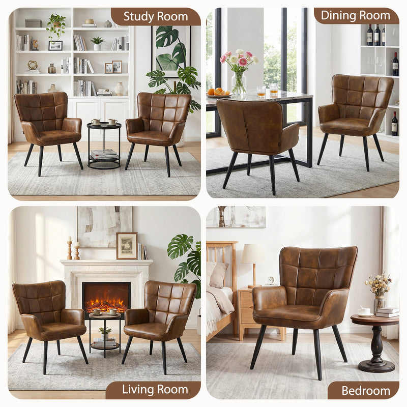 PU Leather Accent Chair With High Backrest Comfortable Tufted With Feather-Like Armrests