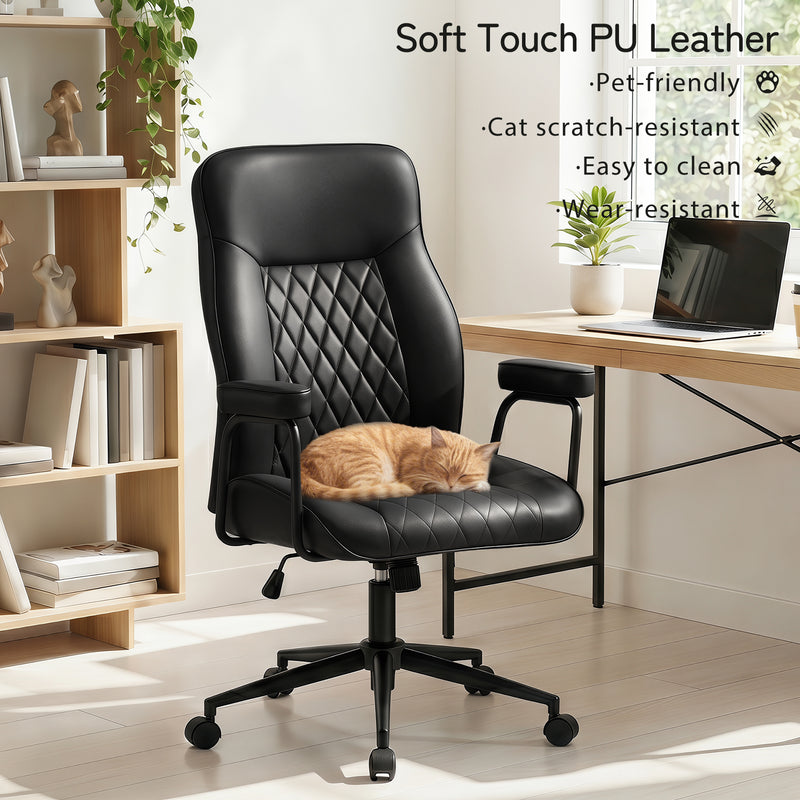 Furniliving Leather Home Office Desk Chair Mid Century Modern Office Chair With Lumbar Support