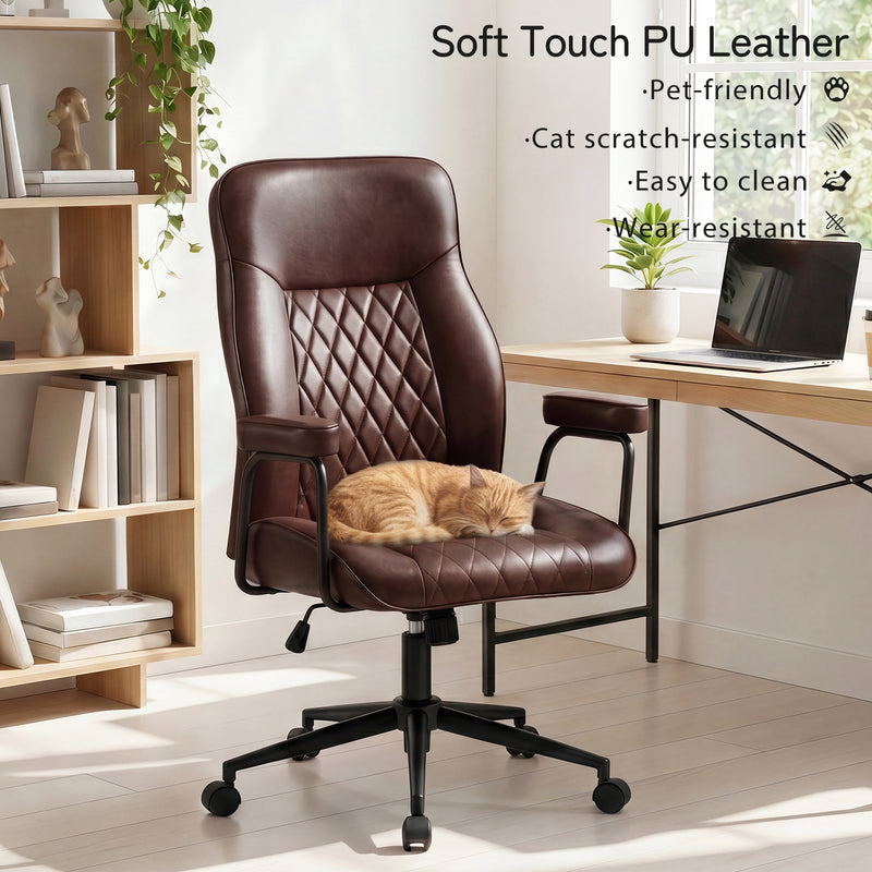 Furniliving Leather Home Office Desk Chair Mid Century Modern Office Chair With Lumbar Support