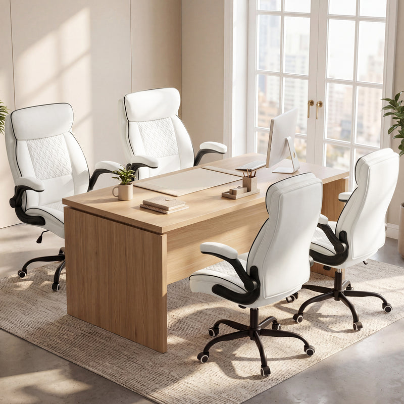 Furniliving Mid Century Modern Office Chair Leather Computer Desk Chair With Flip-Up Armrests