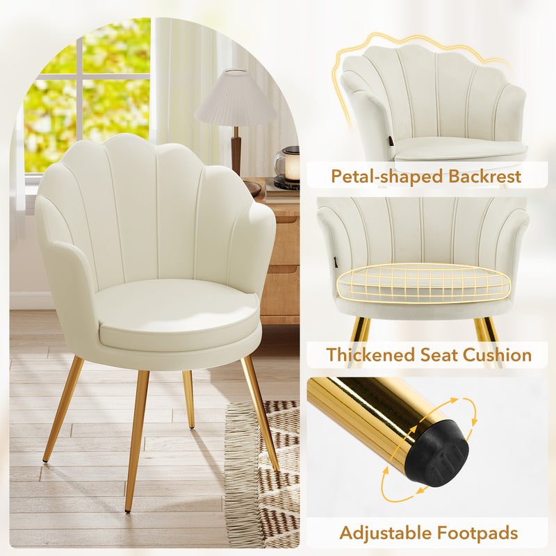 Furniliving Velvet  Vanity Chair Seashell-Shaped Vanity Stool Upholstered Accent Chair With Golden Metal Legs