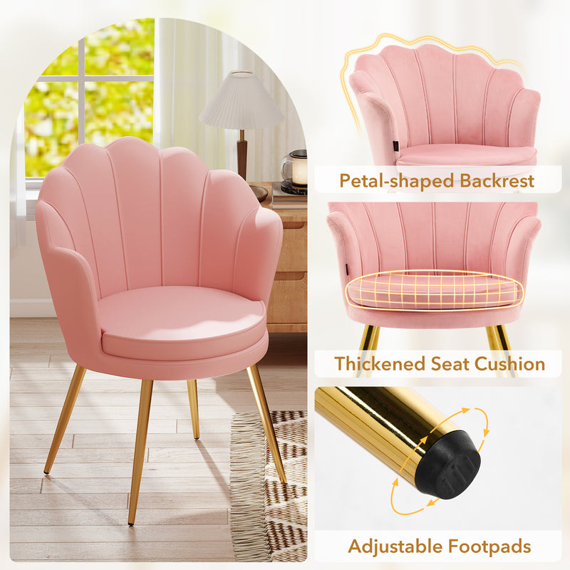 Furniliving Velvet  Vanity Chair Seashell-Shaped Vanity Stool Upholstered Accent Chair With Golden Metal Legs