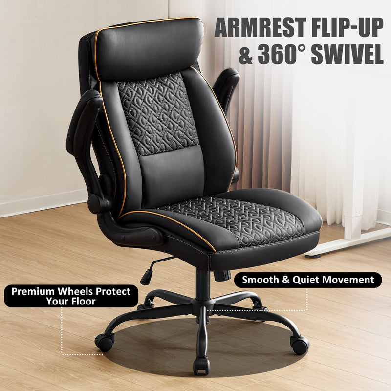 Furniliving Mid Century Modern Office Chair Leather Computer Desk Chair With Flip-Up Armrests
