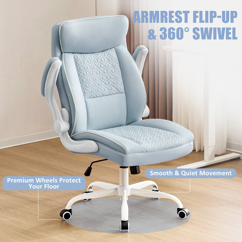 Furniliving Mid Century Modern Office Chair Leather Computer Desk Chair With Flip-Up Armrests