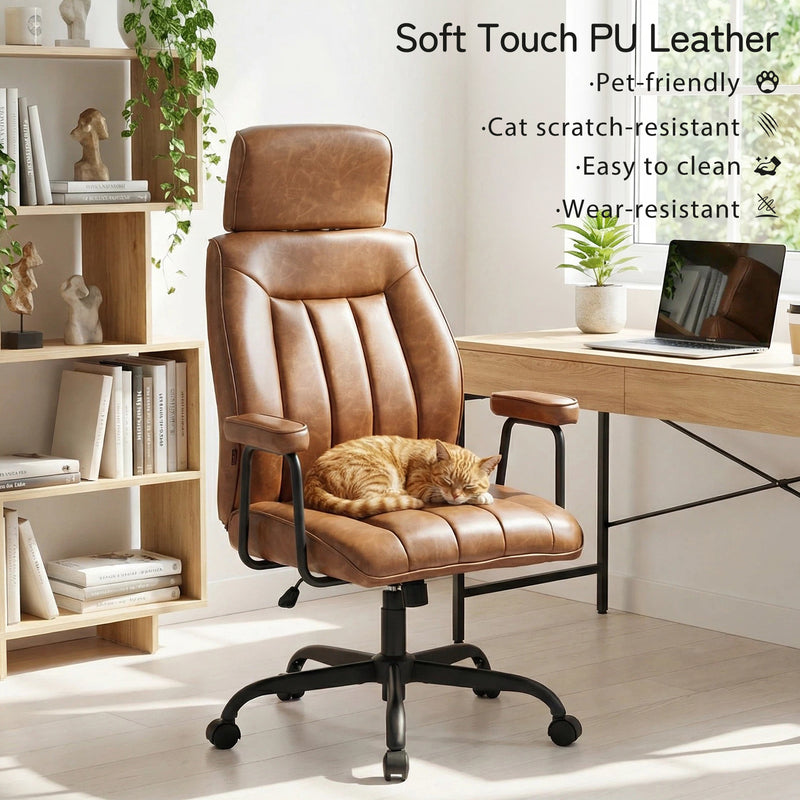 Leather Home Office Desk Chair Mid Century Modern Office Chair With Lumbar Support