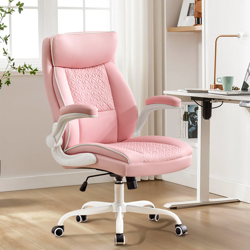 Furniliving Mid Century Modern Office Chair Leather Computer Desk Chair With Flip-Up Armrests