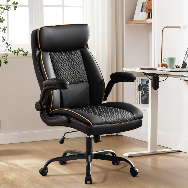 Furniliving Mid Century Modern Office Chair Leather Computer Desk Chair With Flip-Up Armrests