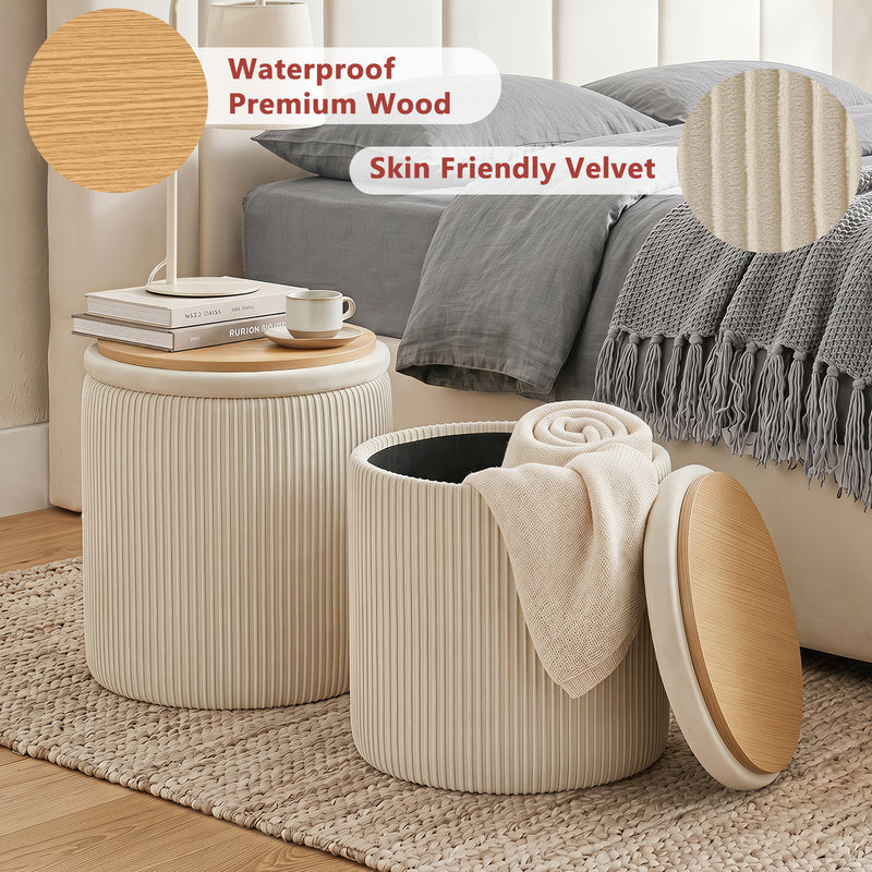 Velvet Storage Stool Set Of 2,Round Ottoman With Paint-Free Panels As a Small Table,Cute Foot Stool For Entryway