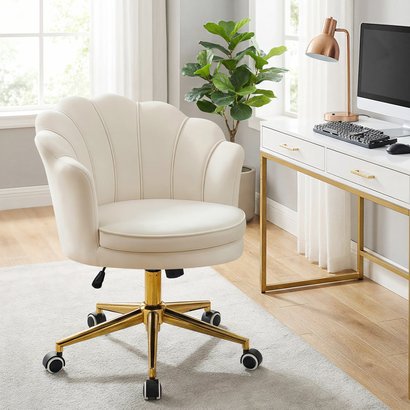 Furniliving Cute Vanity Chair With Shall-Shaped Backrest,Adjustable Swivel Home Office Desk Chair With Wheels