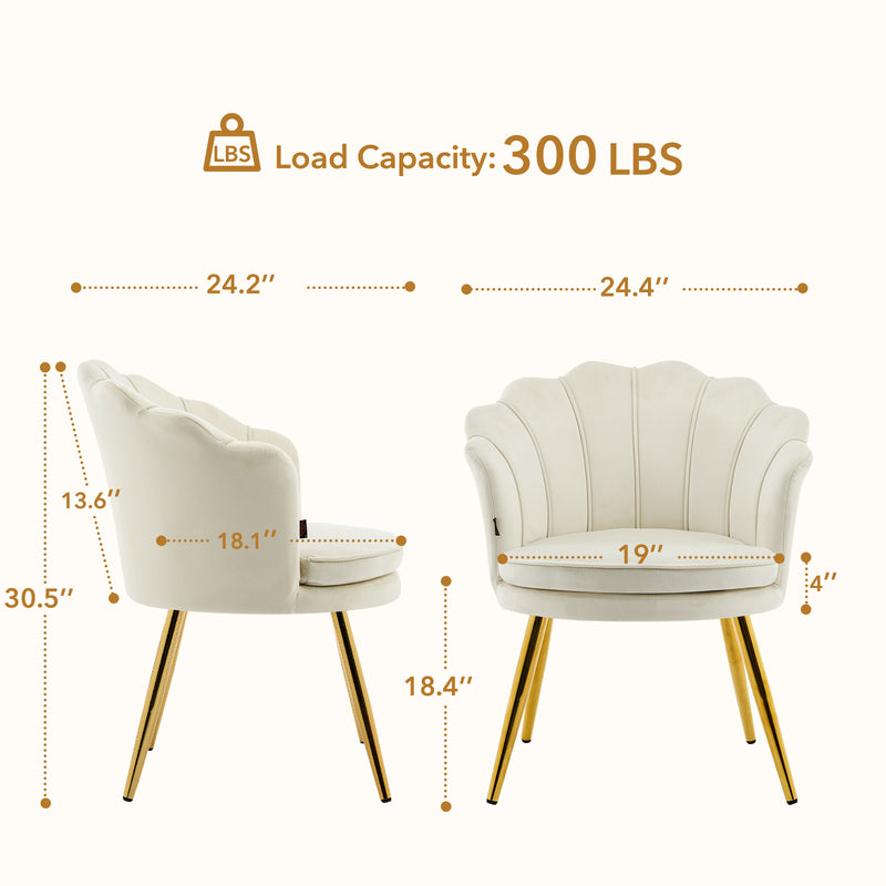 Furniliving Velvet  Vanity Chair Seashell-Shaped Vanity Stool Upholstered Accent Chair With Golden Metal Legs