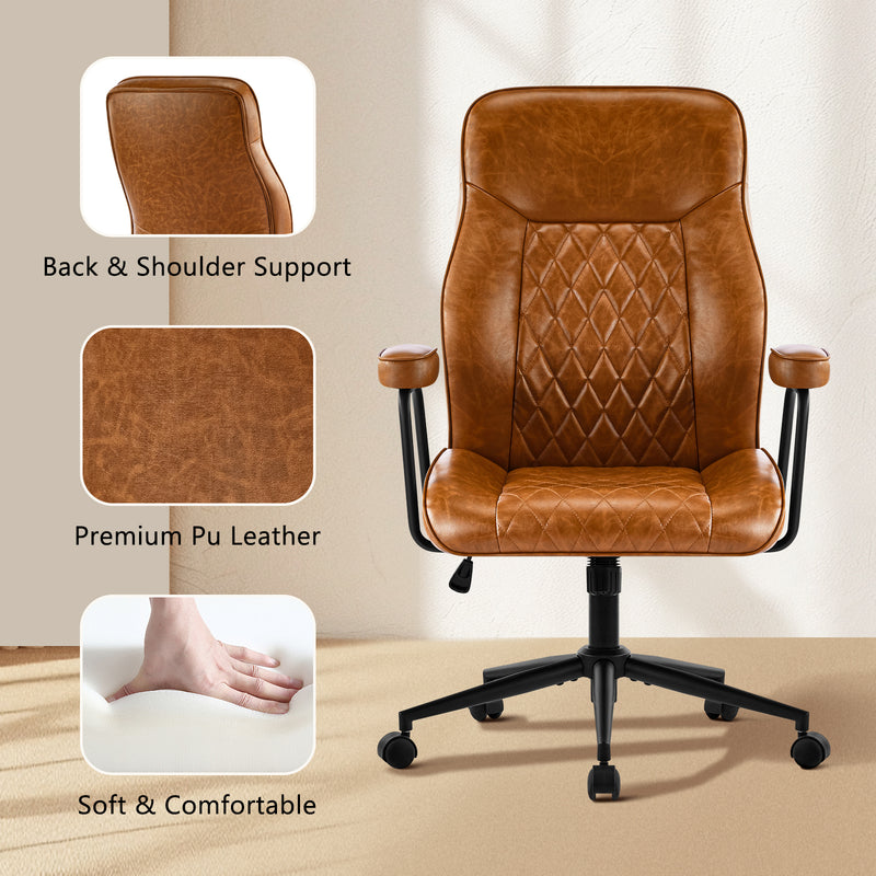 Furniliving Leather Home Office Desk Chair Mid Century Modern Office Chair With Lumbar Support