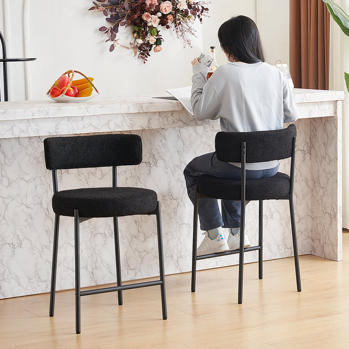 Furnilivng 24'' Bar Stools Set of 2, Modern Boucle Fabric Counter Height Bar Stools with Mid Back, Metal Frame with Upholstered for Kitchen Island, Bar, Dining Room
