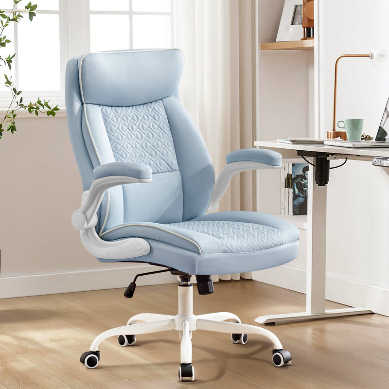 Furniliving Mid Century Modern Office Chair Leather Computer Desk Chair With Flip-Up Armrests