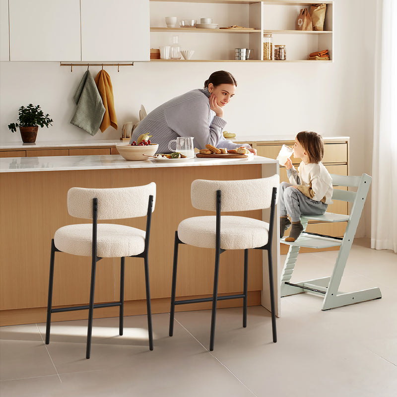 Furnilivng 24'' Bar Stools Set of 2, Modern Boucle Fabric Counter Height Bar Stools with Mid Back, Metal Frame with Upholstered for Kitchen Island, Bar, Dining Room
