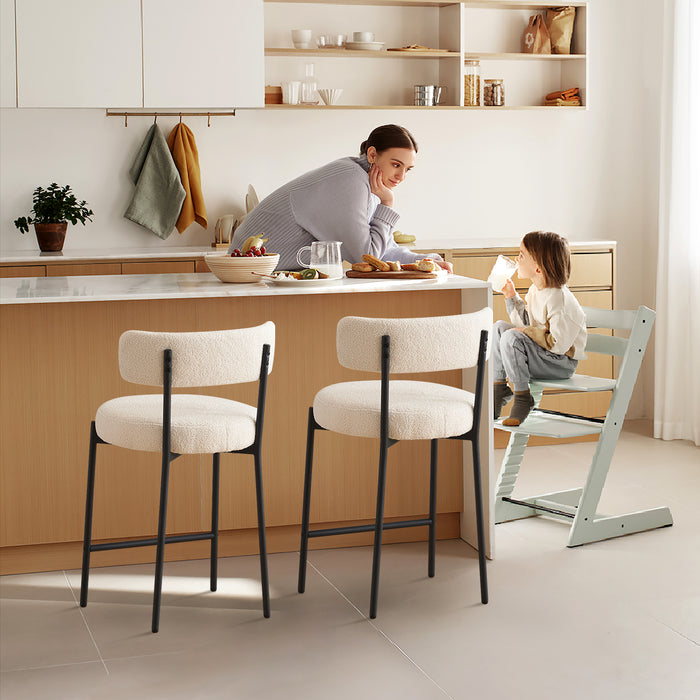 Furnilivng 24'' Bar Stools Set of 2, Modern Boucle Fabric Counter Height Bar Stools with Mid Back, Metal Frame with Upholstered for Kitchen Island, Bar, Dining Room