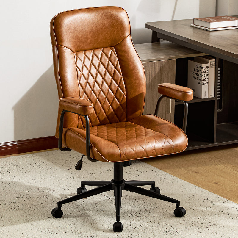 Furniliving Leather Home Office Desk Chair Mid Century Modern Office Chair With Lumbar Support