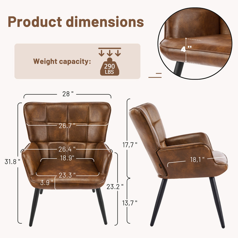 PU Leather Accent Chair With High Backrest Comfortable Tufted With Feather-Like Armrests