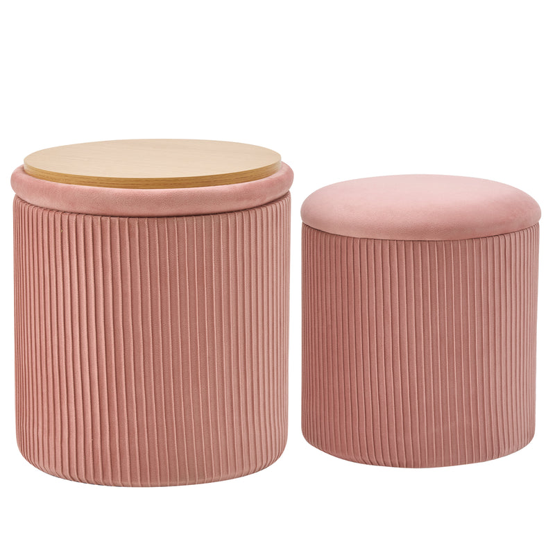 Velvet Storage Stool Set Of 2,Round Ottoman With Paint-Free Panels As a Small Table,Cute Foot Stool For Entryway