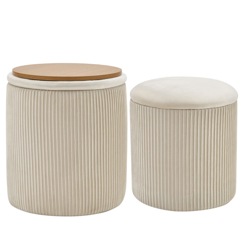 Velvet Storage Stool Set Of 2,Round Ottoman With Paint-Free Panels As a Small Table,Cute Foot Stool For Entryway