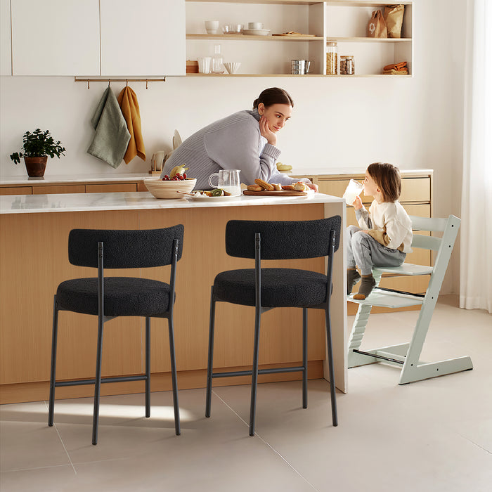 Furnilivng 24'' Bar Stools Set of 2, Modern Boucle Fabric Counter Height Bar Stools with Mid Back, Metal Frame with Upholstered for Kitchen Island, Bar, Dining Room