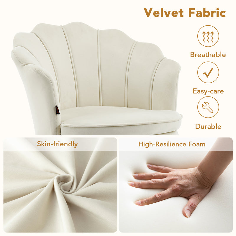 Furniliving Velvet  Vanity Chair Seashell-Shaped Vanity Stool Upholstered Accent Chair With Golden Metal Legs
