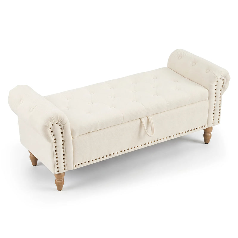 Button Tufted Storage Bedroom Bench Beige Chenille Picture-1 | Furnimart