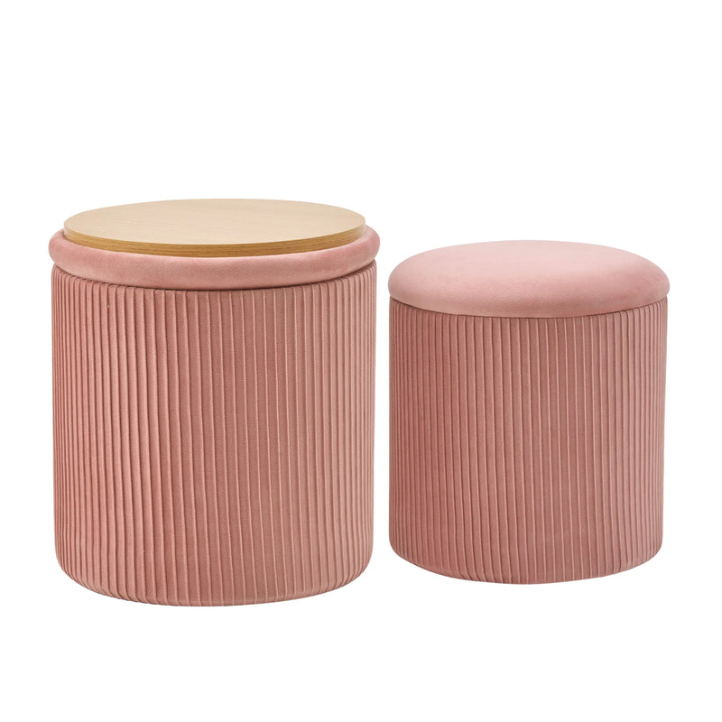 Velvet Storage Stool Set Of 2,Round Ottoman With Paint-Free Panels As a Small Table,Cute Foot Stool For Entryway Pink Picture-1 | Furnimart