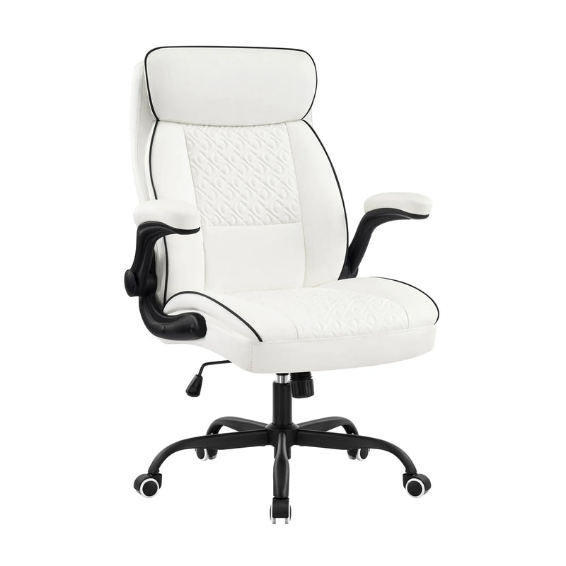 Furniliving Mid Century Modern Office Chair Leather Computer Desk Chair With Flip-Up Armrests White Picture-1 | Furnimart