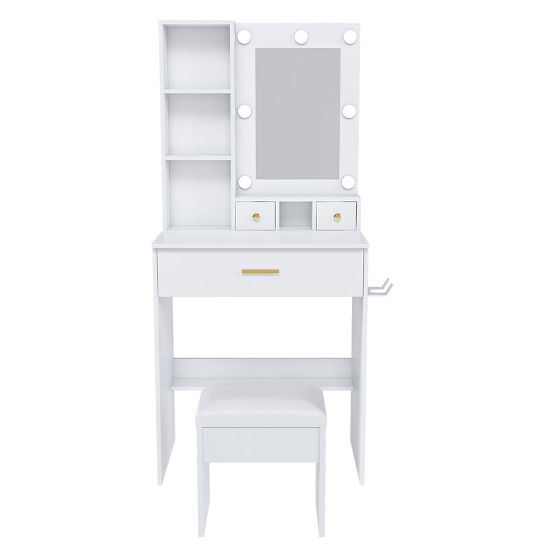 Vanity Table with Mirror & Adjustable LED Lights, Power Outlet, Hairdryer Holder & Stool – Compact Dressing Desk for Small Bedrooms