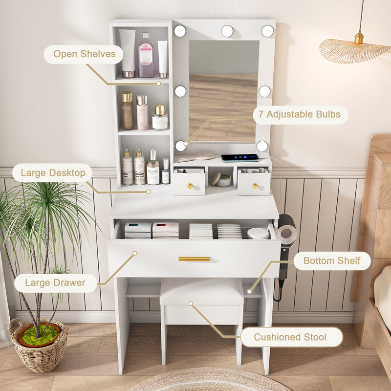 Vanity Table with Mirror & Adjustable LED Lights, Power Outlet, Hairdryer Holder & Stool – Compact Dressing Desk for Small Bedrooms