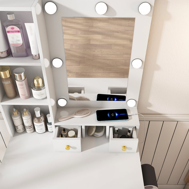 Vanity Table with Mirror & Adjustable LED Lights, Power Outlet, Hairdryer Holder & Stool – Compact Dressing Desk for Small Bedrooms