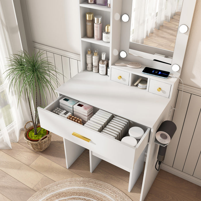 Vanity Table with Mirror & Adjustable LED Lights, Power Outlet, Hairdryer Holder & Stool – Compact Dressing Desk for Small Bedrooms