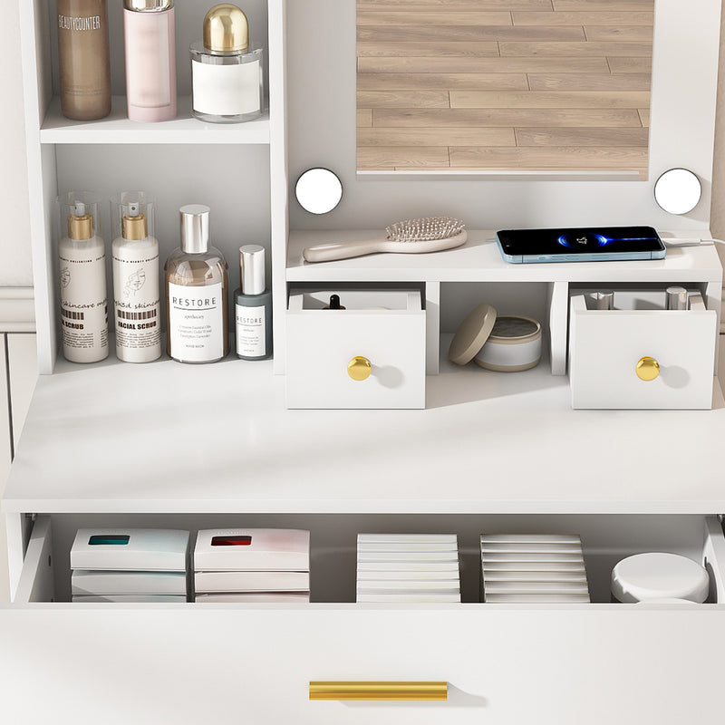 Vanity Table with Mirror & Adjustable LED Lights, Power Outlet, Hairdryer Holder & Stool – Compact Dressing Desk for Small Bedrooms