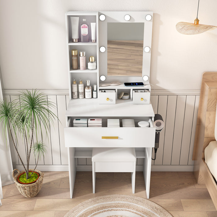 Vanity Table with Mirror & Adjustable LED Lights, Power Outlet, Hairdryer Holder & Stool – Compact Dressing Desk for Small Bedrooms